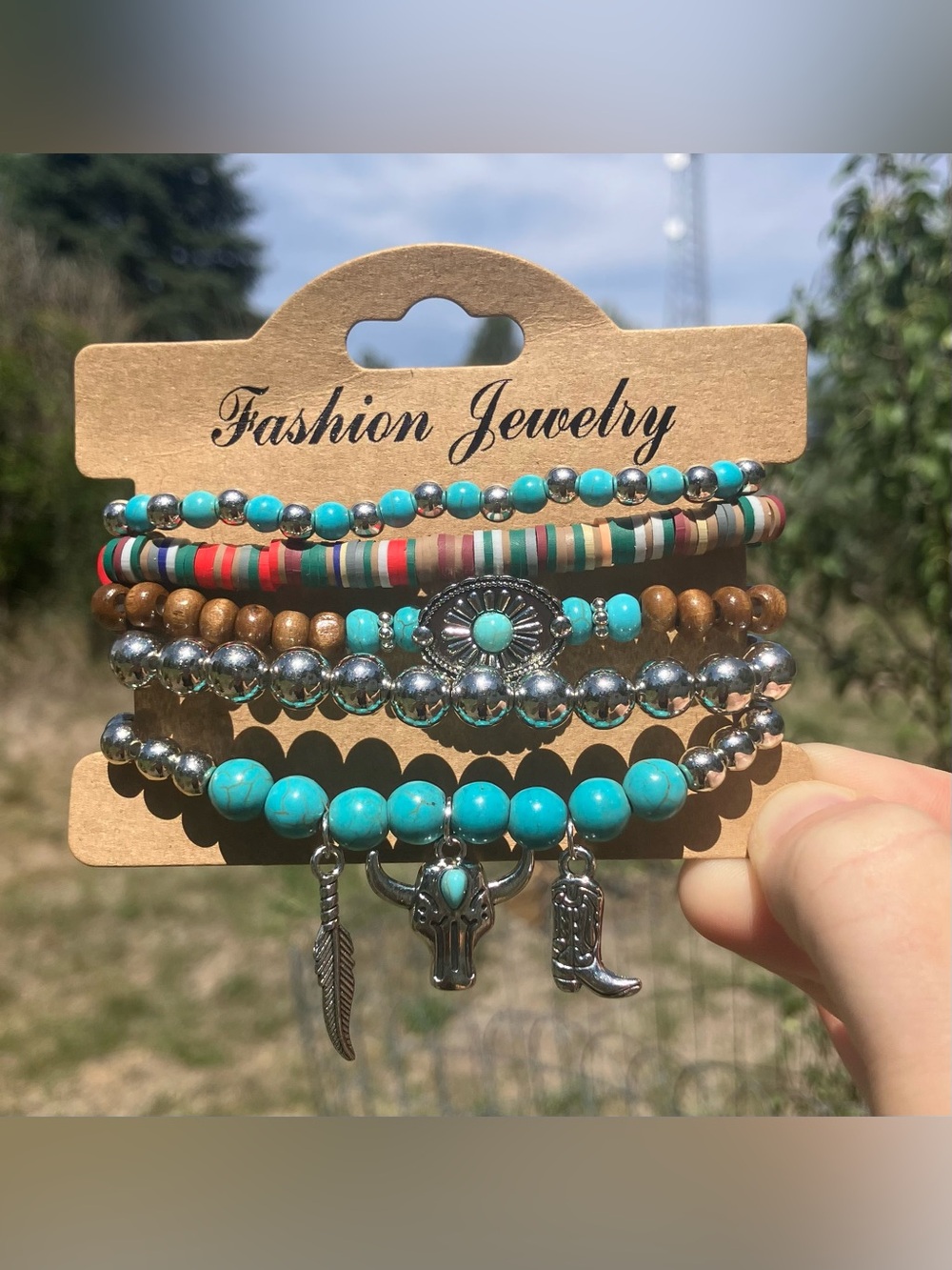 Fashion Jewelry Turquoise, Silver & Brown Layered Bracelet Set